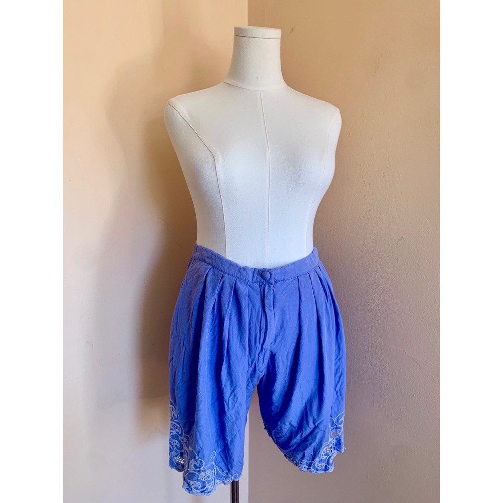 Tropical Nights Periwinkle Blue Rayon Cutwork Embroidered Shorts Small Boho
